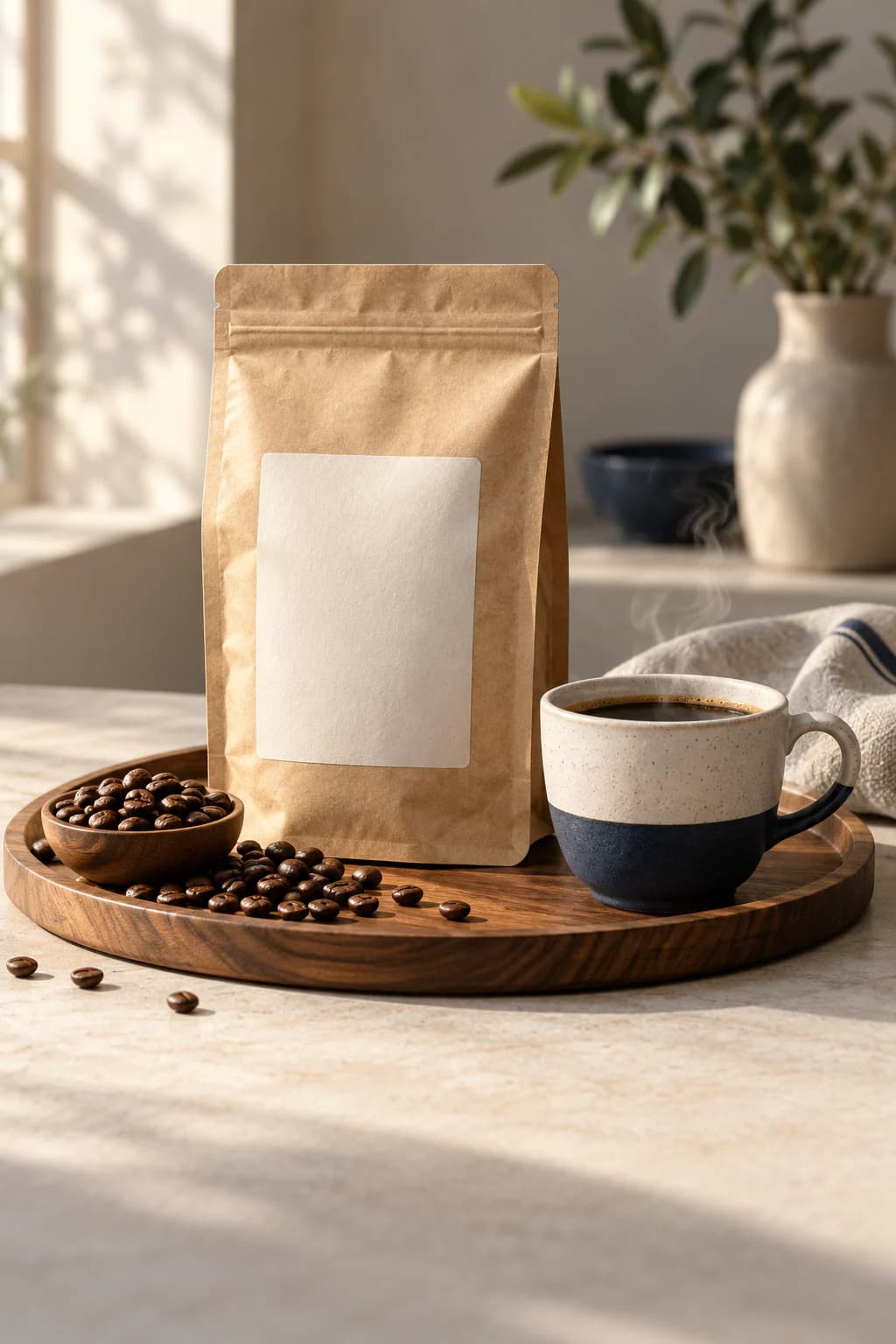 A kraft coffee bag beside a cup of black coffee and roasted beans