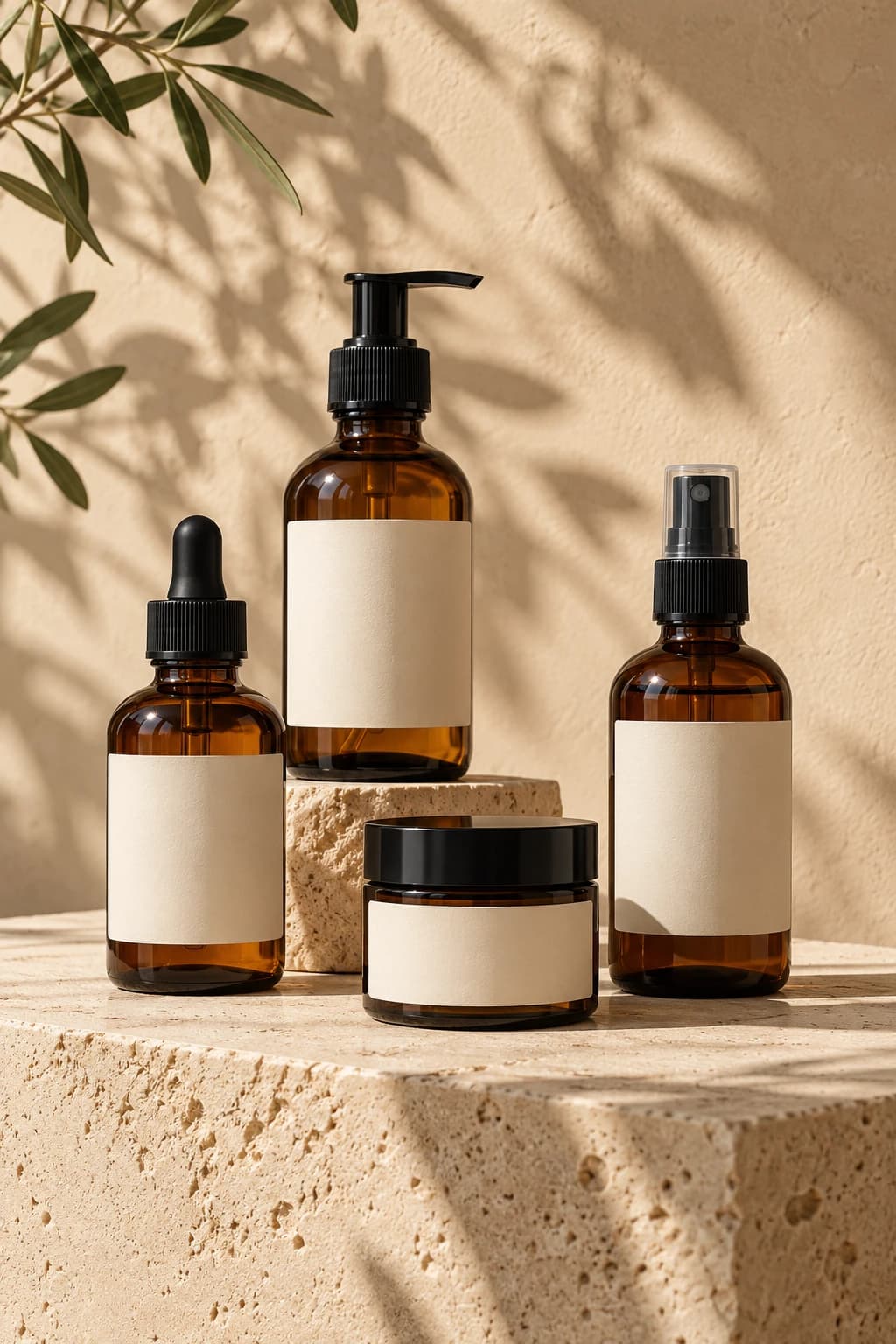 Amber skincare bottles on a travertine plinth