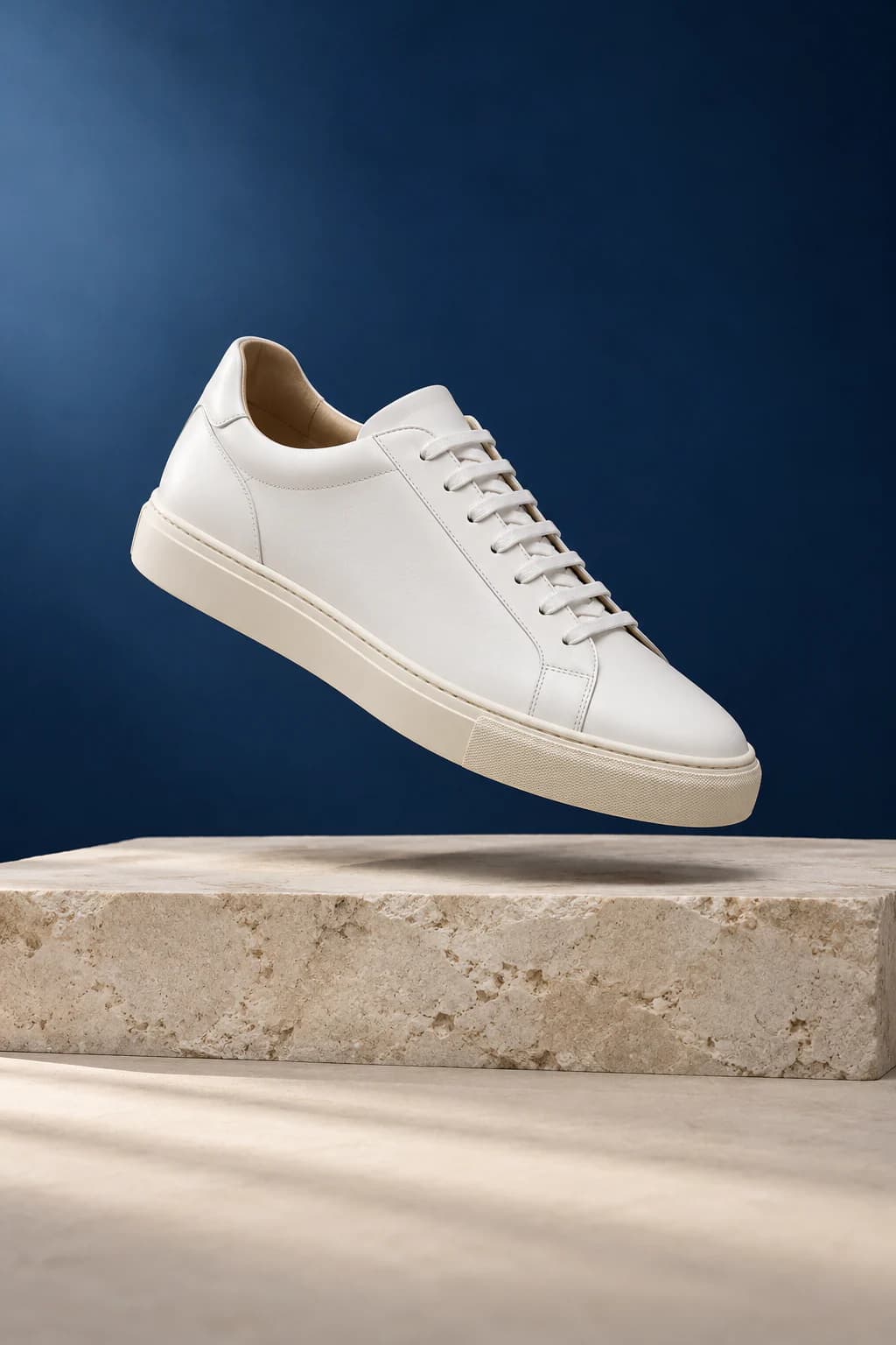 A white leather sneaker above a stone block on a navy backdrop