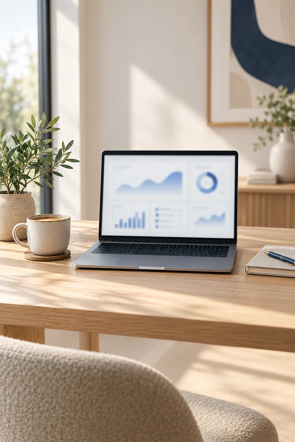 A laptop showing a dashboard on a light oak desk