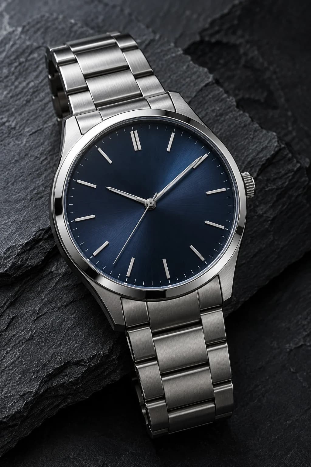 A steel watch with a navy dial on slate