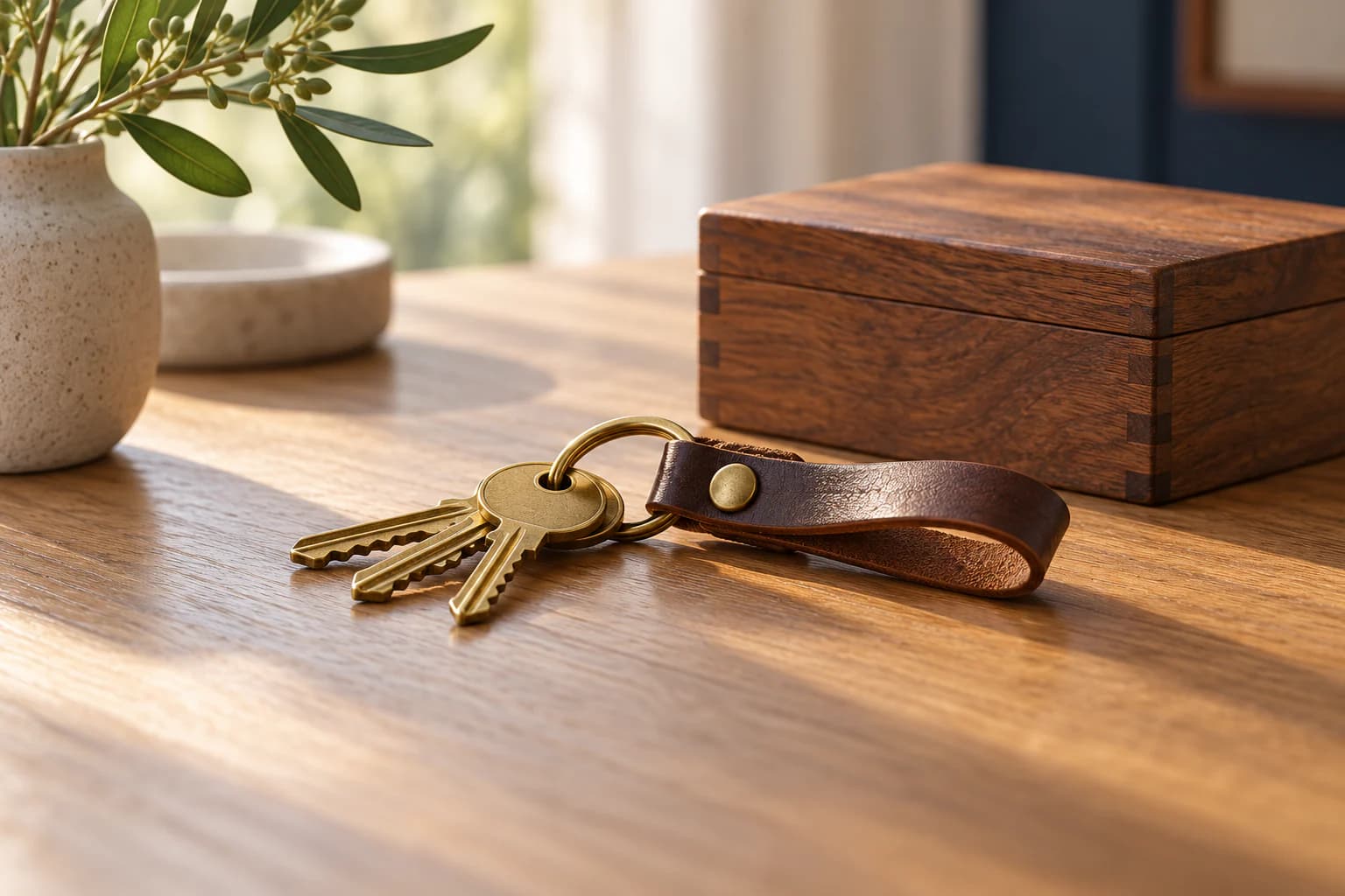 Brass keys on a leather keyring beside a wooden box