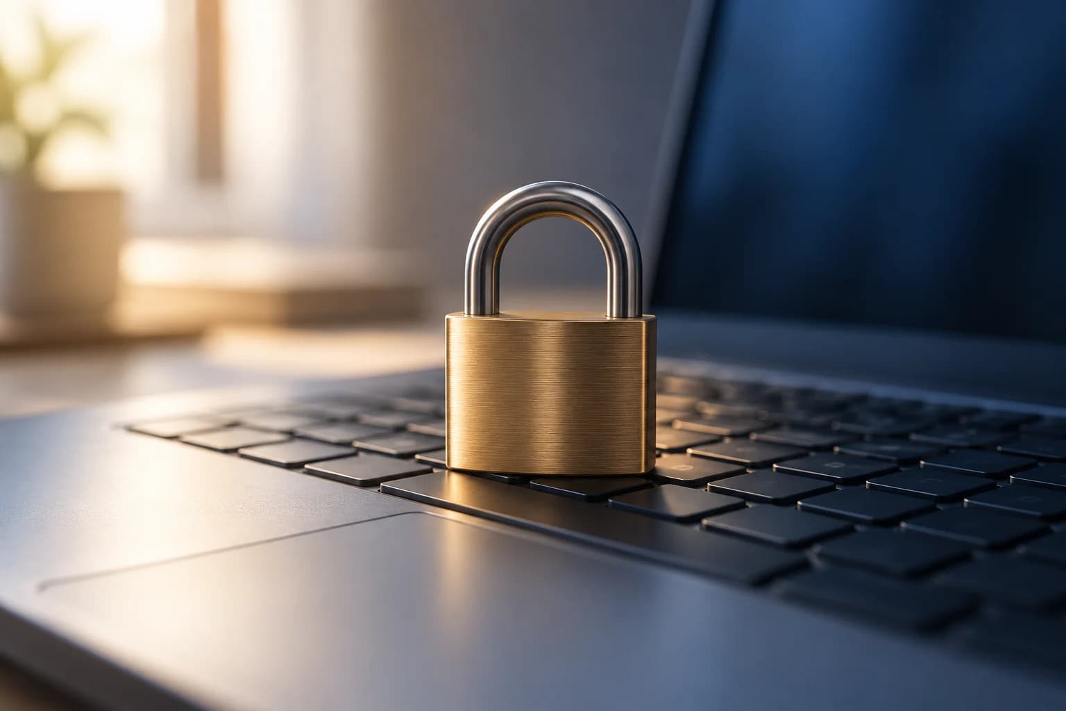 A brass padlock resting on a dark laptop keyboard