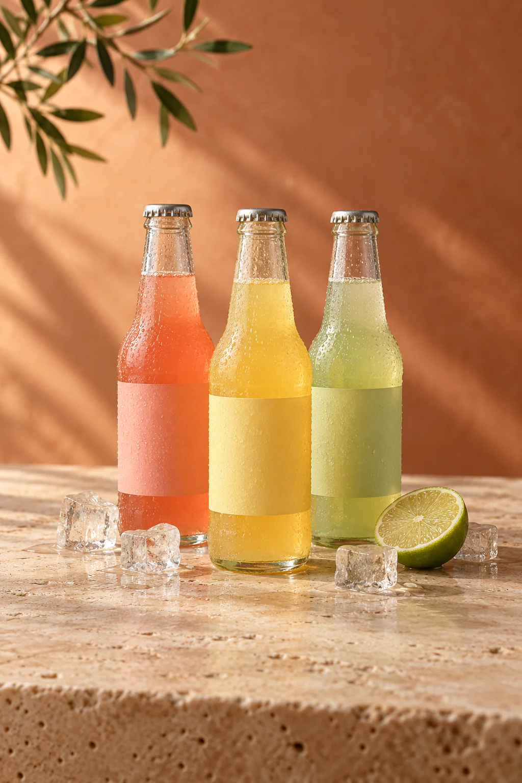 Three chilled soda bottles with blank pastel labels on travertine