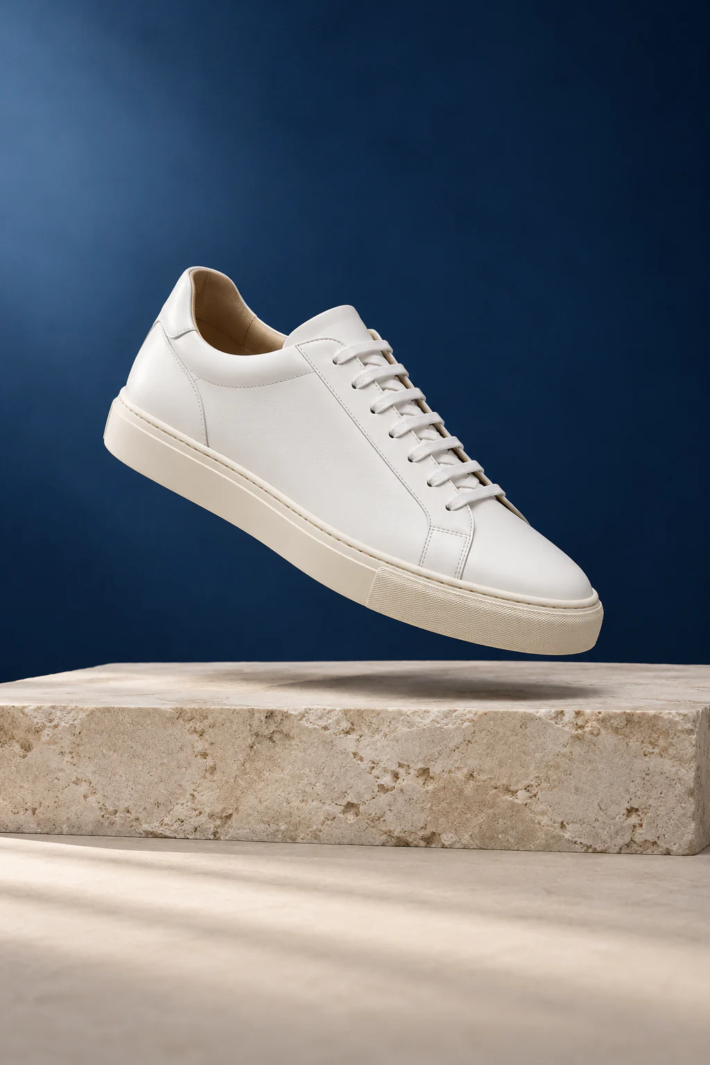A white leather sneaker above a stone block on a navy backdrop