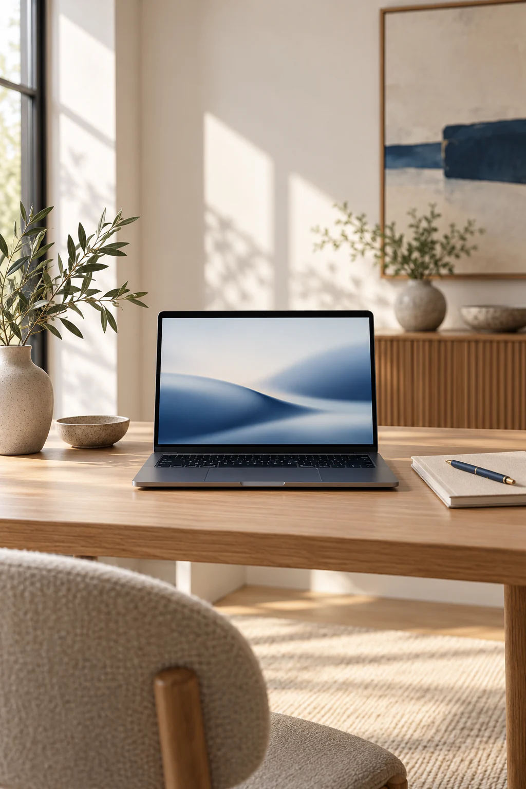 A laptop open on an oak desk in a bright studio