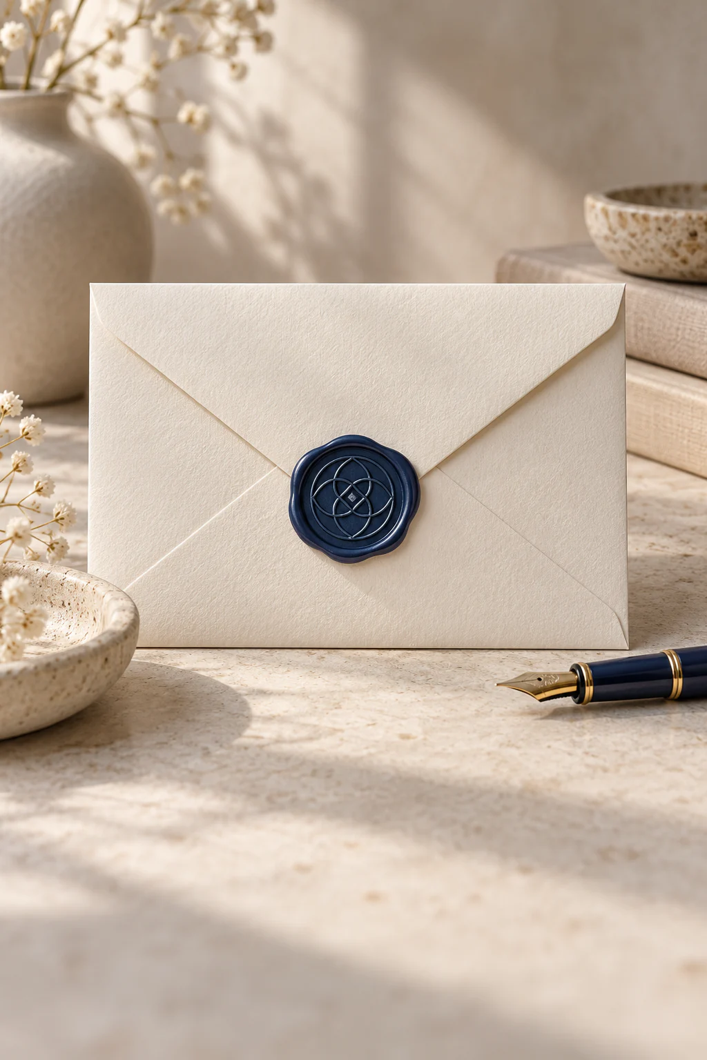 A cream envelope closed with a navy wax seal