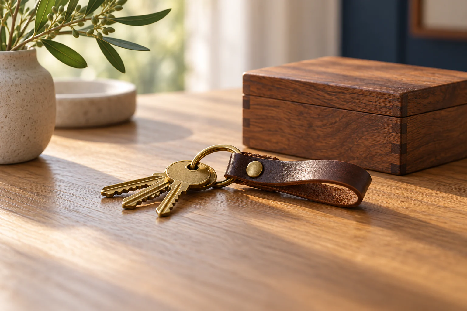 Brass keys on a leather keyring beside a wooden box