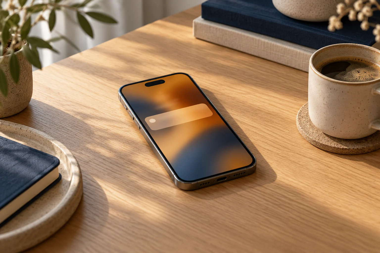 A phone lying on an oak desk beside a coffee cup